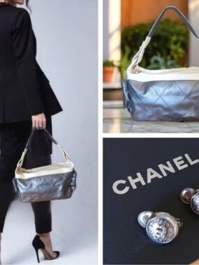 CHANEL Metallic Silver and Cream Quilted Leather Shoulder Bag &
CHANEL EARRINGS